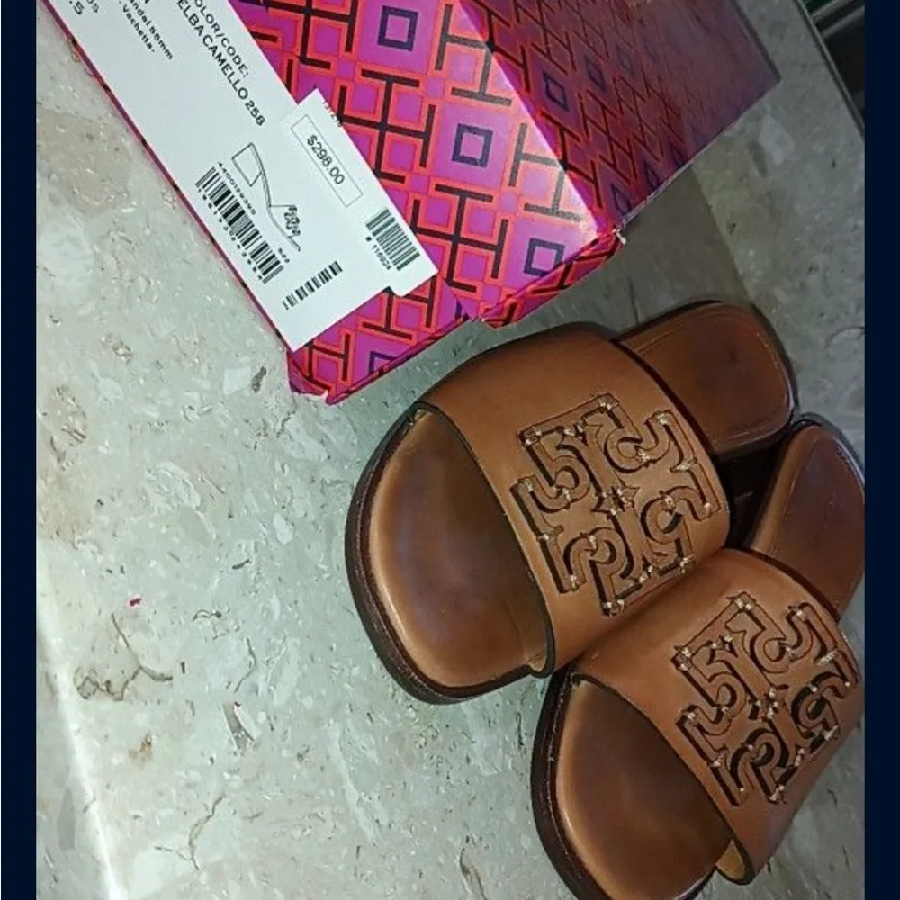 Tory Burch Tan Leather Block Heel Sandals